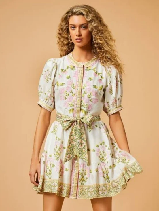 A Loves A linen blend floral belted puff sleeve dress - Picture 1 of 12